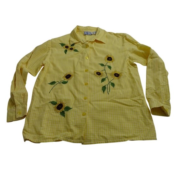 Vtg BFA Classics Yellow Gingham Sunflower Embroider Button Up Shirt Size M FLAW - Picture 1 of 10